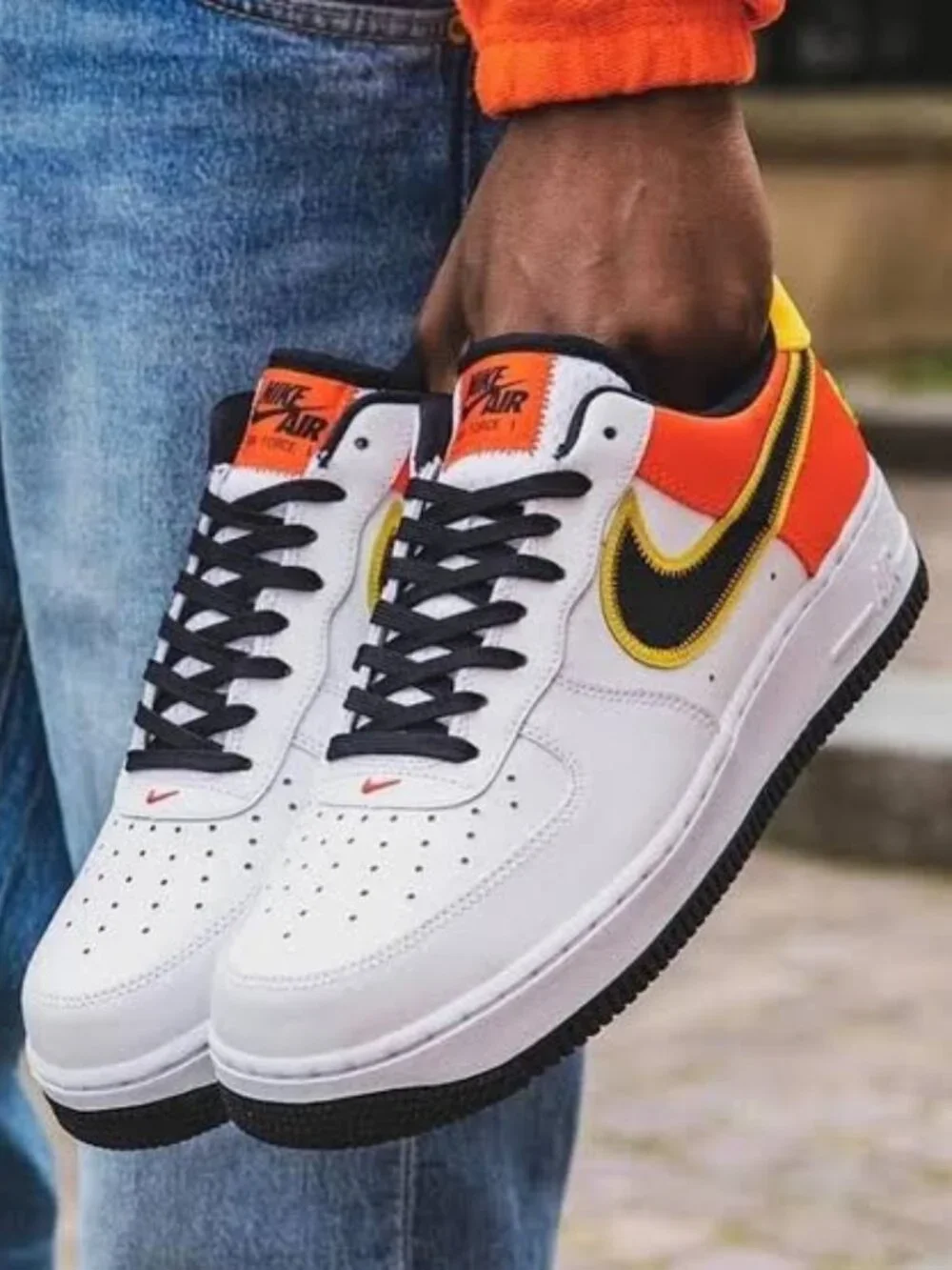 Nike Boys' White Orange Flash Amarillo Black Air Force 1 LV8 Low Sneaker Size 4Y
